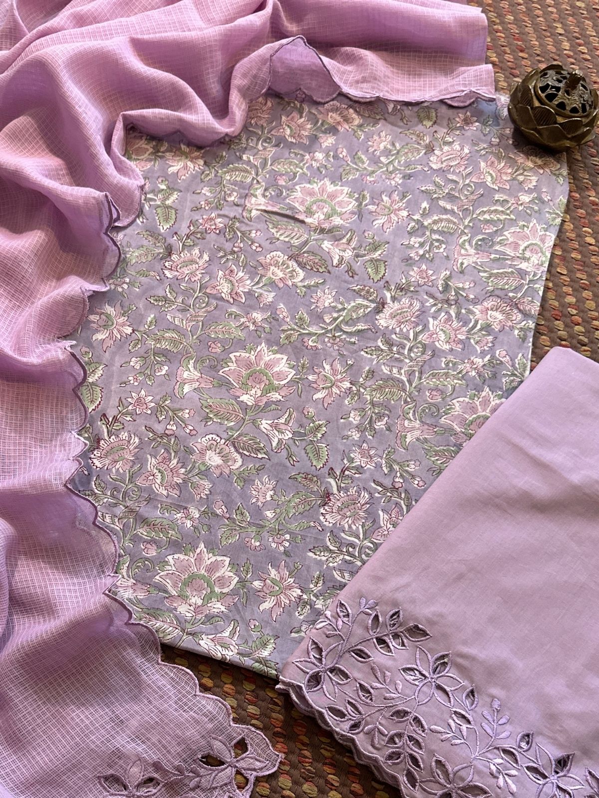 Pure Cotton Hand-blocked Fabric with Cutwork Bottom & Kota Doria Dupatta